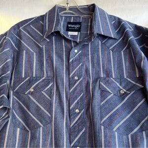 Wrangler Western Shirt VTG Short Sleeve Pearl Snaps Denim Blue Size XL